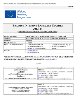 Erasmus Intensive Language Courses 2013-14 - Organising Institution’S Information Form