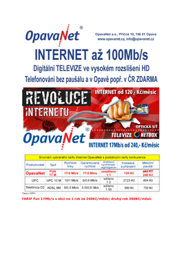 TARIF Fun 17Mb/Sv Akci Na 1 Rok Za 240Kč/Měsíc