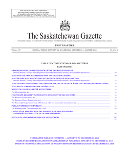 Sask Gazette, Part I, January 14, 2011