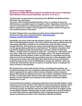 Daytime Curfew Update: Summary of HEB-ISD Work Session & Bedford City Council Meeting Next Bedford City Council Meeting: January 13 @ 7P.M