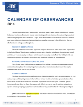 Calendar of Observances 2014