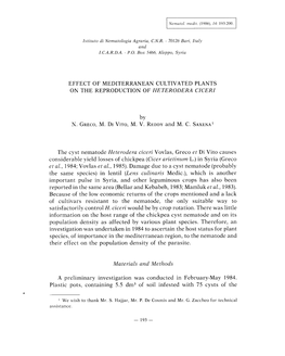 Effect of Mediterranean Cultivated Plants on the Reproduction of Heterodera Ciceri