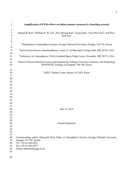 1 22 23 24 25 26 27 28 June 16, 2015 29 30 31 32 33 Climate Dynamics 34 35 36 37 38 Corresponding Author: Maeng-Ki Kim, Dept