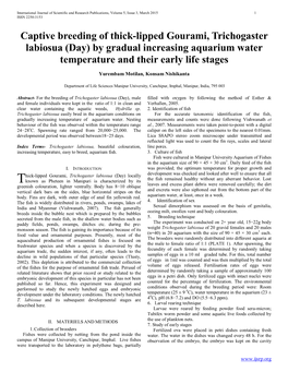 Captive Breeding of Thick-Lipped Gourami, Trichogaster Labiosua (Day) by Gradual Increasing Aquarium Water Temperature and Their Early Life Stages