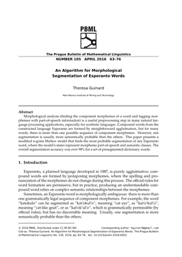 An Algorithm for Morphological Segmentation of Esperanto Words