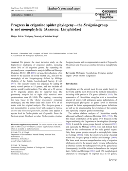 Progress in Erigonine Spider Phylogeny—The Savignia-Group Is Not Monophyletic (Araneae: Linyphiidae)