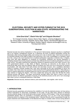 Electoral Security and Voter-Turnout in the 2019 Gubernatorial Election in Abia State: Interrogating the Narratives