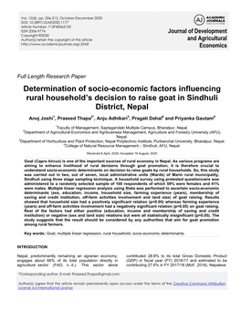 Determination of Socio-Economic Factors Influencing Rural Household’S Decision to Raise Goat in Sindhuli District, Nepal