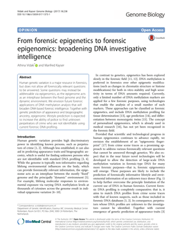 From Forensic Epigenetics to Forensic Epigenomics: Broadening DNA Investigative Intelligence Athina Vidaki* and Manfred Kayser