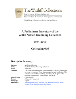 A Preliminary Inventory of the Willie Nelson Recording Collection 1954