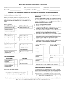 Biology Major Checklist for the Specialization in Neuroscience Name