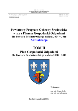 TOM II Plan Gospodarki Odpadami Dla Powiatu Bełchatowskiego Na Lata 2008 ÷ 2011