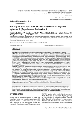 Biological Activities and Phenolic Contents of Argania Spinosa L (Sapotaceae) Leaf Extract