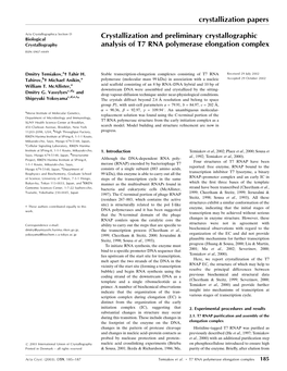 Crystallization Papers Crystallization and Preliminary Crystallographic