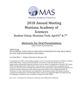 2018 Annual Meeting Montana Academy of Sciences Student Union, Montana Tech, April 6Th & 7Th