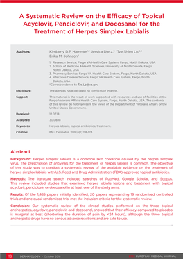 A Systematic Review on the Efficacy of Topical Acyclovir, Penciclovir, and Docosanol for the Treatment of Herpes Simplex Labialis