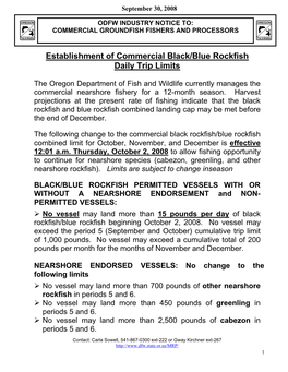 Establishment of Commercial Black/Blue Rockfish Daily Trip Limits