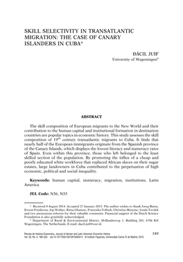 Skill Selectivity in Transatlantic Migration: the Case of Canary Islanders in Cuba*