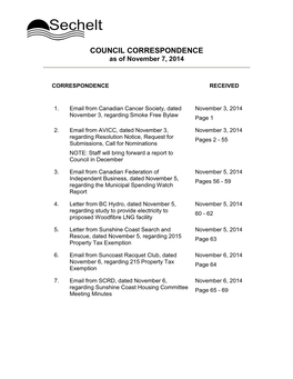 COUNCIL CORRESPONDENCE As of November 7, 2014