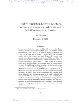 Positive Correlation Between Long Term Emission of Several Air Pollutants and COVID-19 Deaths in Sweden