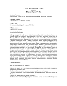 Lesson Plan for Teach Turkey Ottoman Lyric Poetry