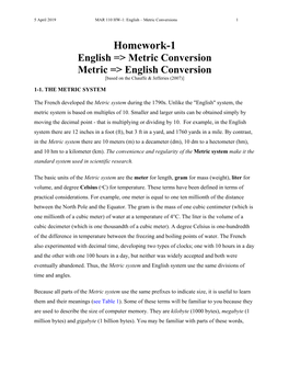 Homework-1 English => Metric Conversion Metric => English Conversion [Based on the Chauffe & Jefferies (2007)]