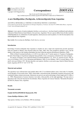 A New Batillipedidae (Tardigrada, Arthrotardigrada) from Argentina