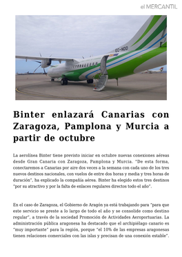 Binter Enlazará Canarias Con Zaragoza, Pamplona Y Murcia a Partir De Octubre