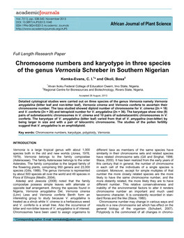 Chromosome Numbers and Karyotype in Certain Species of the Genus Vernonia Schreber in Southern Nigerian