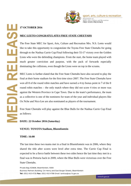 Media Release MEC Leeto Congratulates FS Cheetahs