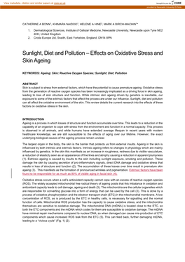 Sunlight, Diet and Pollution – Effects on Oxidative Stress and Skin Ageing