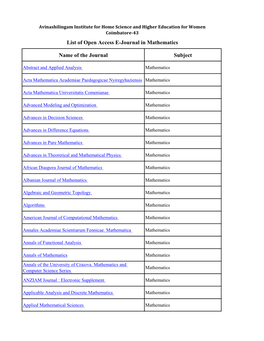 Name of the Journal Subject List of Open Access E-Journal In