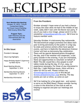 October 2014 the Newsletter of the Barnard-Seyfert Astronomical Society