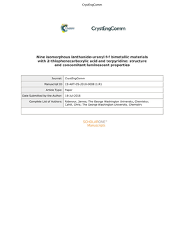 Nine Isomorphous Lanthanide-Uranyl F-F Bimetallic Materials with 2-Thiophenecarboxylic Acid and Terpyridine: Structure and Concomitant Luminescent Properties