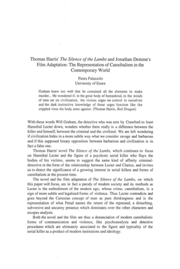 Thomas Harris' the Silence Ofthe Lambs and Jonathan Demme's Film Adaptation: the Representation of Cannibalism in the Contemporary World