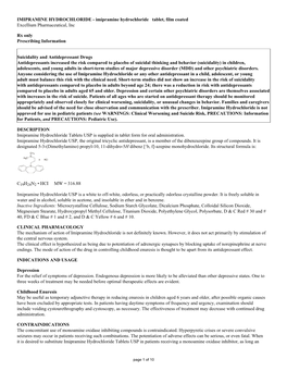 Imipramine Hydrochloride Tablets USP 10 Mg, 25 Mg, and 50 Mg