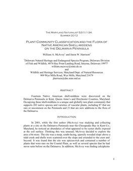 Plant Community Classification and the Flora of Native American Shell-Middens on the Delmarva Peninsula