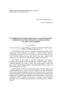 CONTRIBUTION to the MYRMECOFAUNA (HYMENOPTERA, FORMICIDAE) of the AREA of VLASINSKO JEZERO (VLASINA LAKE) (SERBIA) the Vlasinsko