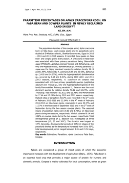 Parasitism Percentages on Aphis Craccivora Koch. on Faba Bean and Cowpea Plants in Newly Reclaimed Land in Egypt Introduction