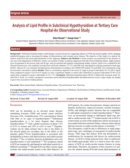 Analysis of Lipid Profile in Subclinical Hypothyroidism at Tertiary Care