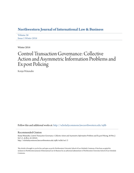 Control Transaction Governance: Collective Action and Asymmetric Information Problems and Ex Post Policing Kenju Watanabe