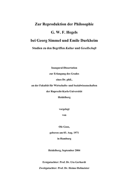 Zur Reproduktion Der Philosophie G. W. F. Hegels Bei Georg Simmel