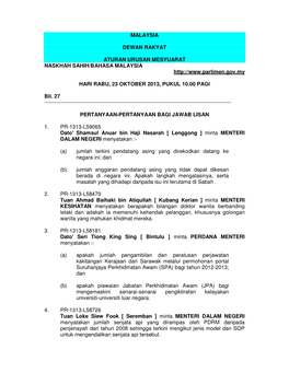 Malaysia Dewan Rakyat Aturan Urusan Mesyuarat