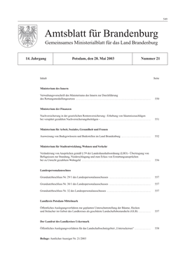 Amtsblatt Für Brandenburg, 2003, Nummer 21