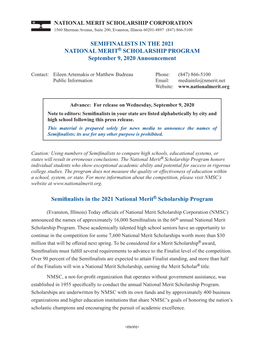 S EMIFINALISTS in the 2021 NATIONAL MERIT® SCHOLARSHIP PROGRAM September 9, 2020 Announcement
