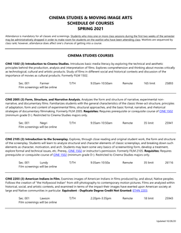 Cinema Studies & Moving Image Arts Schedule of Courses