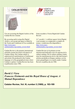 David J. Viera Francesc Eiximenis and the Royal House of Aragon: a Mutual Dependence