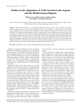 Studies on the Adaptation of Azolla Mexicana in the Aegean and the Mediterranean Regions