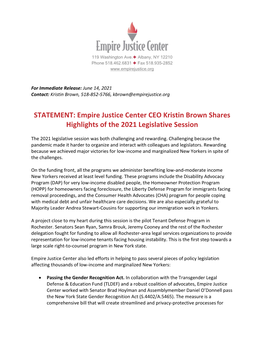 STATEMENT: Empire Justice Center CEO Kristin Brown Shares Highlights of the 2021 Legislative Session