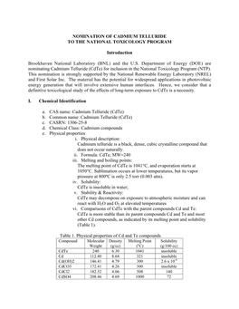 Cadmium Telluride to the National Toxicology Program